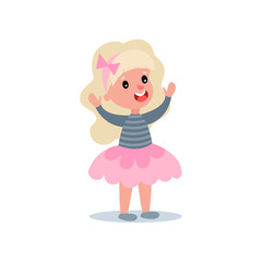 Fototapeta na wymiar Cheerful little girl with long blond hair in puffy pink skirt and blouse with stripes. Kid character with happy face expression standing with hands up. Flat vector design