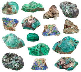 various Malachite stones isolated on white