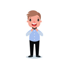 Cute little boy standing and straightening his tie. Kid with brown hair wearing in blue shirt, black pants and butterfly. Fashion child. Flat vector design