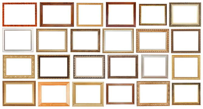 set of vintage wide wooden picture frames isolated
