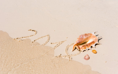 The inscription on the sand in 2018, Maldives, Indian Ocean. The basis for the calendar.