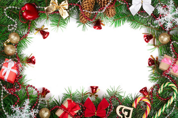 Christmas frame decorated isolated on white background with copy space for your text. Top view.
