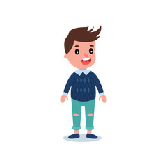 Stylish little kid wearing casual clothes blue sweater with shirt and ragged jeans. Cartoon boy character with happy face expression. Flat vector design
