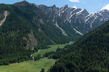 Fototapeta na wymiar Beautiful green valley with covered snow mountain peaks in the Swiss Alps