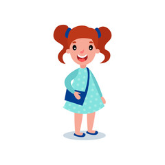 Little brunette girl in casual outfit blue polka-dot dress and cross body handbag. Cartoon kid character with happy face expression and cute twin tails. Flat vector