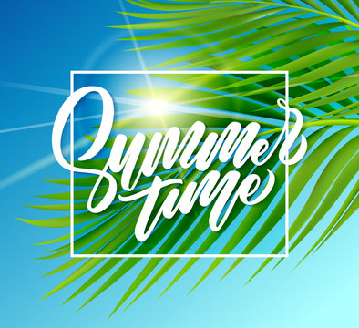 Summer poster with tropical palm leaf. Vector illustration