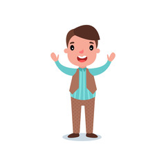 Happy preschool child dressed up in costume with striped shirt, brown pants and classic vest. Cartoon boy character standing with hands up. Flat vector design