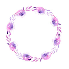 Fototapeta na wymiar Watercolor purple roses wreath, hand drawn isolated on a white background, for wedding, birthday and other greeting cards 