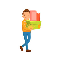 Smiling man carrying shopping bags and gifts, male shopping in a mall cartoon vector Illustration