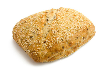 Bread with sesame seeds on white background