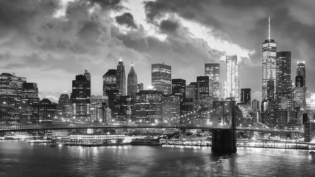 Black and white picture of Manhattan at night, New York, USA.