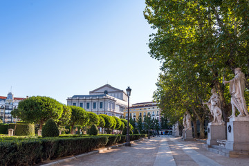 Beautiful historical buildings of old architecture in the city center, Madrid, Spain. Copy space for text.
