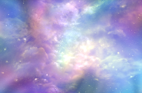 Fototapeta This must be what the Heavens Above looks like  -  Multicolored ethereal cosmic sky scape with fluffy clouds, stars, planets, nebulas, and bright light depicting Heaven  