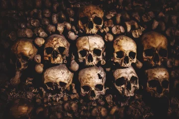 Foto auf Glas Schädel und Knochen in den Pariser Katakomben © Netfalls