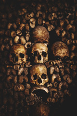 skulls and bones in Paris Catacombs