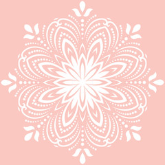 Floral round white pattern with arabesques. Abstract oriental ornament. Vintage classic pattern