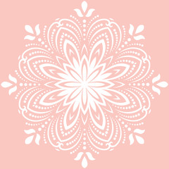 Floral round white pattern with arabesques. Abstract oriental ornament. Vintage classic pattern