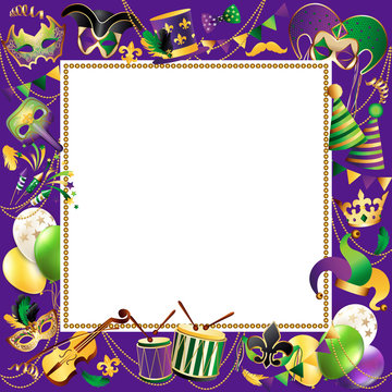 Frame Template with Golden Carnival Masks on Black Background. Glittering Celebration Festive Border. Vector Illustration.