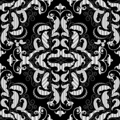  Damask seamless pattern. Floral dark black vector background with silver hand drawn scroll flowers, antique ornaments in baroque style. Surface endless texture for fabrics, wallpapers, textile, print