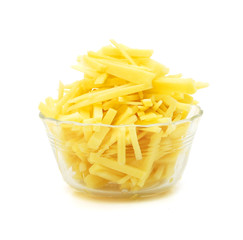 ginger root slices in bowl on white background