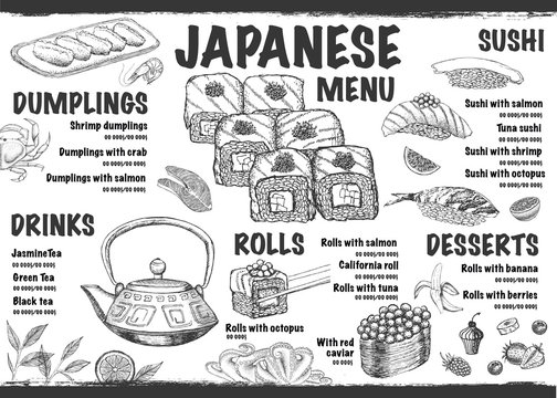 Menu with ink hand drawn sushi illustration.