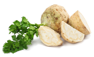 celery root with leaf isolated on white background. Celery isolated on white. Healthy food - obrazy, fototapety, plakaty