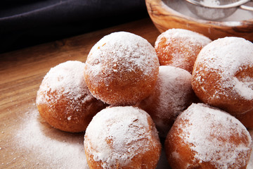 German donuts.  berliner or quarkbällchen with jam and icing sugar