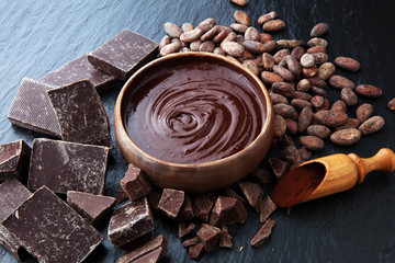 Melting chocolate or melted chocolate and chocolate swirl, stack, chips and powder