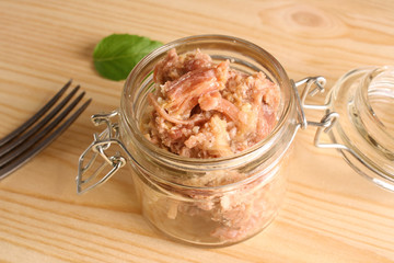canned stewed meat On a wooden background