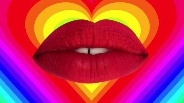 sequence of different images of woman's beautiful full red lips with pumping heart pattern in the background