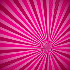 Pink summer colored Pop-Art style blue comics book background, Lichtenstein popart. Pop art comic strip backdrop sunlight, sun ray space. Funny halftone dotted template. Vector illustration.