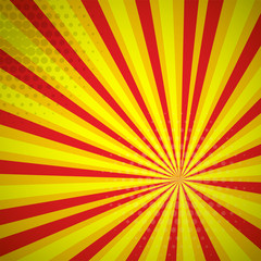 Yellow red circus colored Pop-Art style blue comics book background, Lichtenstein popart. Pop art comic strip backdrop sunlight, sun ray space. Funny halftone dotted template. Vector illustration.