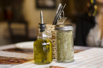 Provencal herbs and olive oil on the table