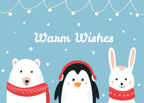 Cute Woodland Animals. Warm Wishes Christmas and Winter Holiday Vector Card