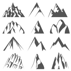 Set of mountains shapes silhouettes isolated on white background. Travel and camping icons for tourism organizations, outdoor events and mountains leisure.