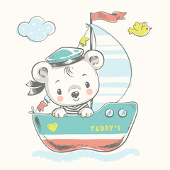 Cute baby bear sailor on the ship cartoon hand drawn vector illustration. Can be used for baby t-shirt print, fashion print design, kids wear, baby shower celebration, greeting and invitation card.