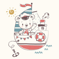 Fototapeta premium Cute baby bear sailor on the ship cartoon hand drawn vector illustration. Can be used for baby t-shirt print, fashion print design, kids wear, baby shower celebration, greeting and invitation card.