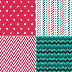 Vector set of seamless geometric holiday backgrounds in red, white and teal with hearts and chevron stripes. Light grunge overlays on a separate layer. For Christmas cards, wrapping paper, wallpapers.