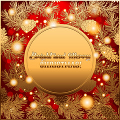 Invitation or greeting Merry Christmas card with glossing golden design of pine cones and conifer