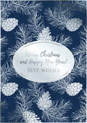 Template of holiday greeting card with silver pine lace.