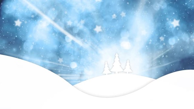 Snow falling effect on lovely winter snowy landscape. Greeting card background. 