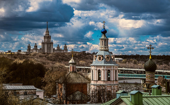 view on Andreevsky monastery and the Moscow state University from the observation deck of the Academy of Sciences in Moscow