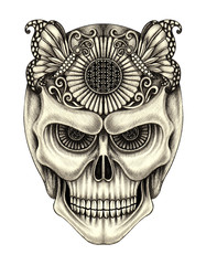 Naklejka premium Art surreal skull .Hand pencil drawing on paper.