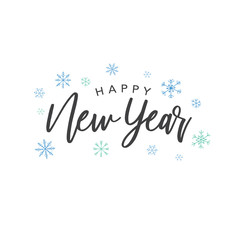 Fototapeta na wymiar Happy New Year Calligraphy Vector Text With Colorful Hand Drawn Snowflakes Over White Background