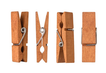 Set of wooden cloth pegs isolated on white background