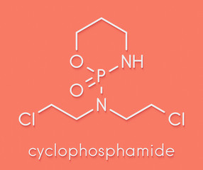Cyclophosphamide cancer chemotherapy drug molecule. Belongs to nitrogen mustard alkylating agents class of cancer drugs. Skeletal formula.