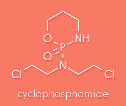 Cyclophosphamide cancer chemotherapy drug molecule. Belongs to nitrogen mustard alkylating agents class of cancer drugs. Skeletal formula.