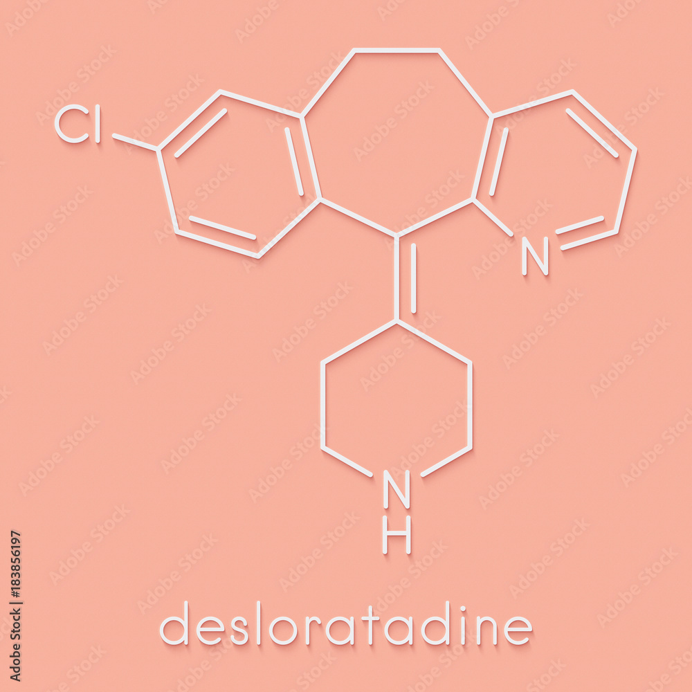 Sticker Desloratadine antihistamine drug molecule. Used to treat hay fever, urticaria and allergies. Skeletal formula.