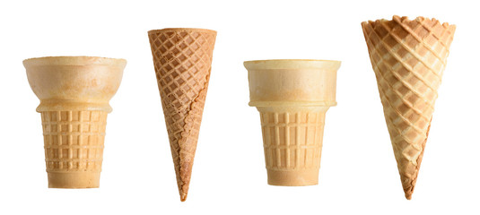 Collection of empty ice cream cone isolated on white background - obrazy, fototapety, plakaty