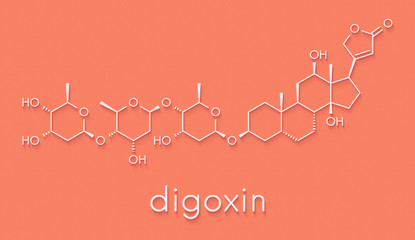 Obraz premium digoxin heart failure drug molecule. Extracted from foxglove plant (digitalis lanata) Skeletal formula.